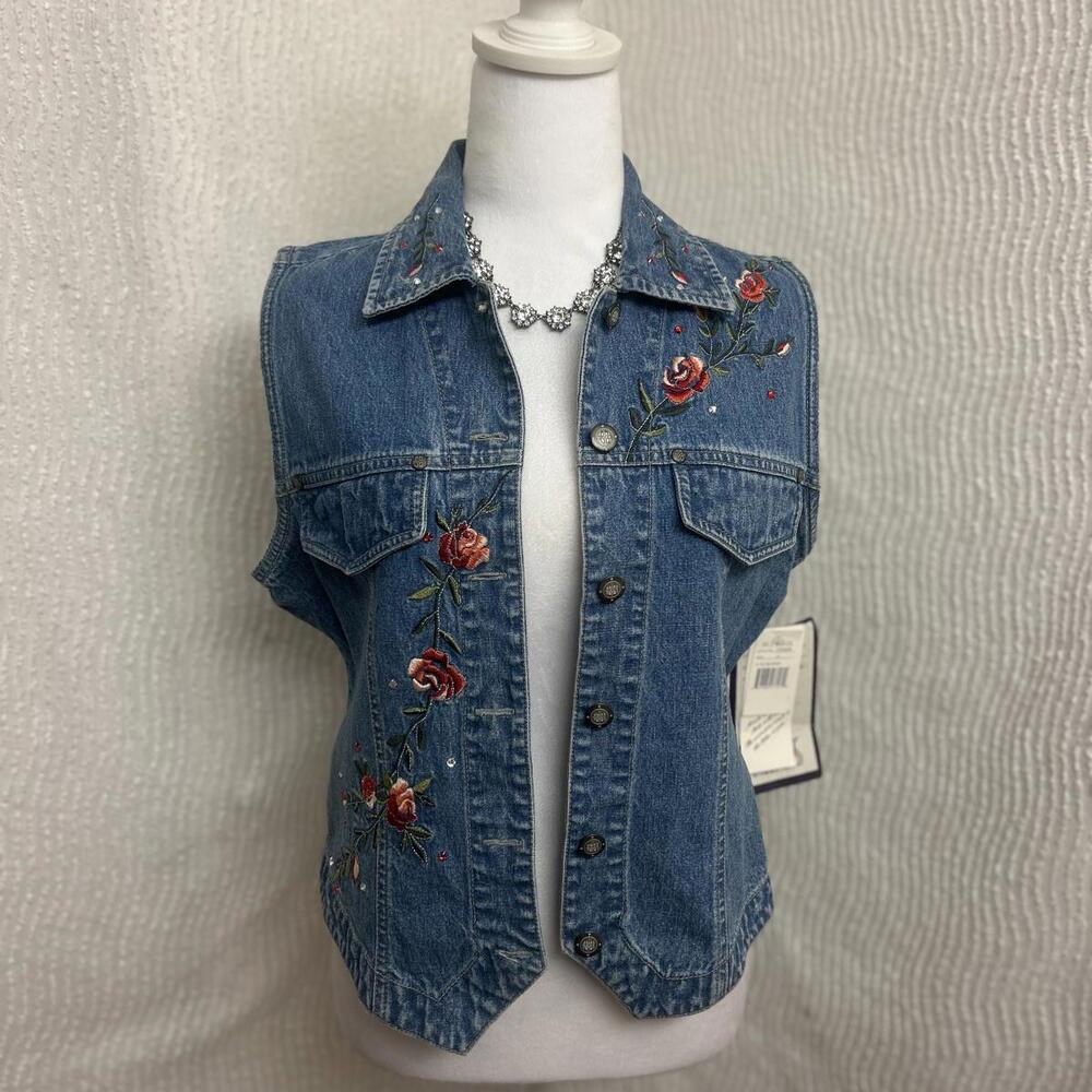 Bill Blass NWT Denim Vest Roses Embroidery Rhinestones Size S 90s Vintage